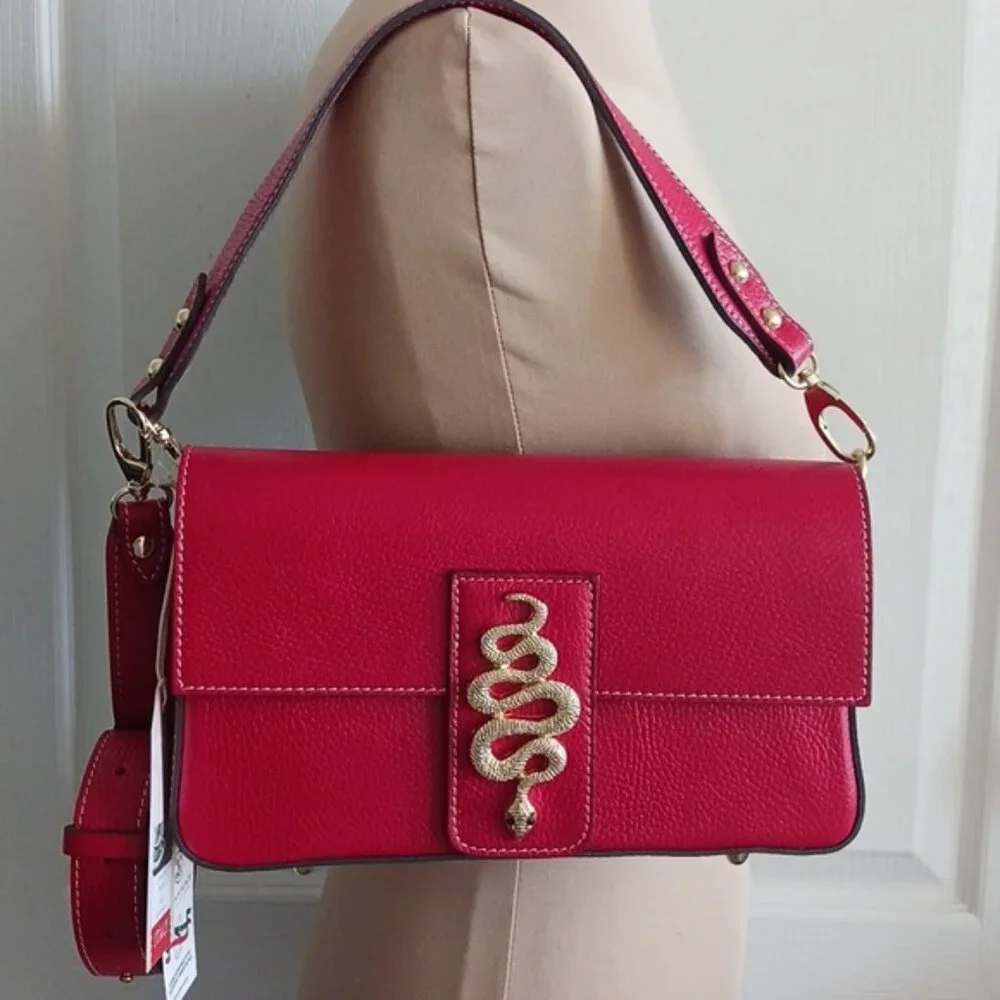 Divina Firenze Italy Red Leather Shoulder Crossbody Bag with Gold Snake Tab